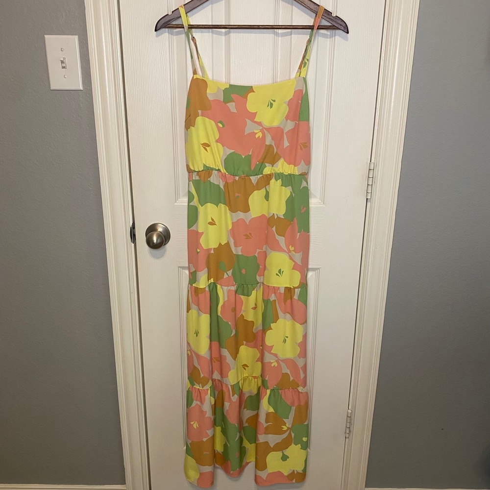 Social Standard by Sanctuary Midi Dress Womens Large Floral Tiered Yellow Pink